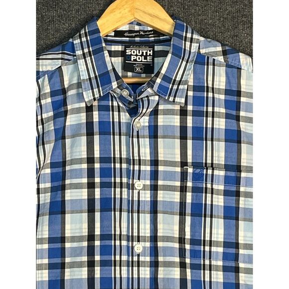 South Pole Hexagon Mens Shirt Button Up Short Sleeve Blue‎ Plaid 100% Cotton XL - Picture 2 of 10